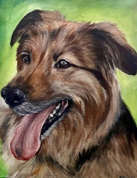 a painting of a brown dog with its tongue out