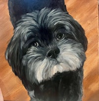 a painting of a black dog on a wooden board