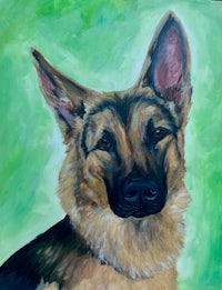 a painting of a german shepherd dog on a green background