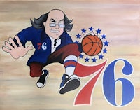 a painting of a basketball player holding a basketball