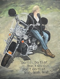 a painting of a woman riding a motorcycle